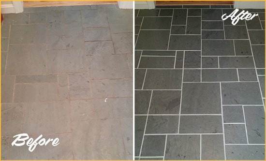 Before and After Picture of a Pflugerville Slate Floor Cleaned to Remove Deep-Seated Dirt