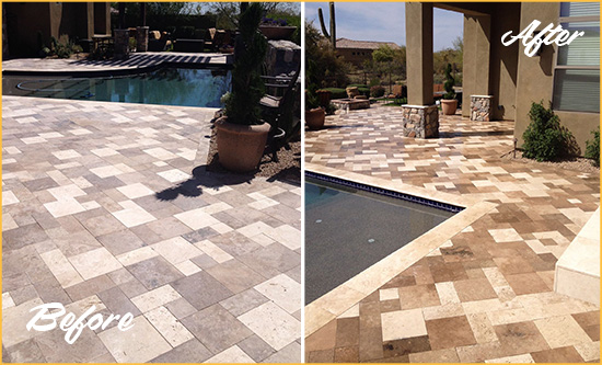 Before and After Picture of a Dull Dripping Springs Travertine Pool Deck Cleaned to Recover Its Original Colors