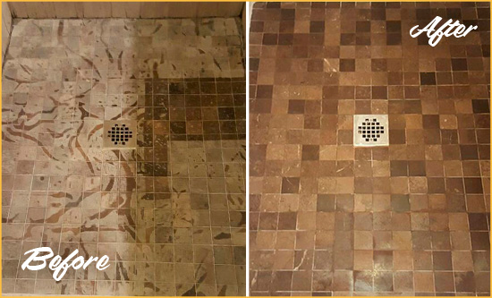 Before and After Picture of a Stained West Lake Hills Marble Shower Floor Cleaned to Remove Etching