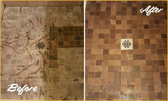 Before and After Picture of a Stained Dripping Springs Marble Shower Floor Cleaned to Remove Etching