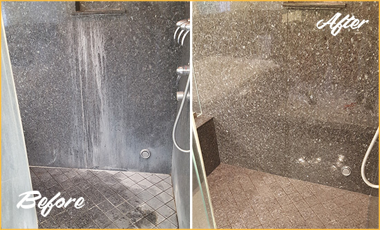 Before and After Picture of a Pflugerville Granite Shower Cleaned to Remove Mineral Deposits