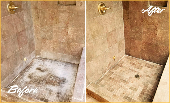 Before and After Picture of a San Leanna Travertine Shower Cleaned to Eliminate Water Spots