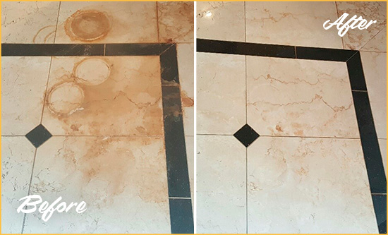 Before and After Picture of a Dripping Springs Marble Floor Cleaned to Eliminate Rust Stains