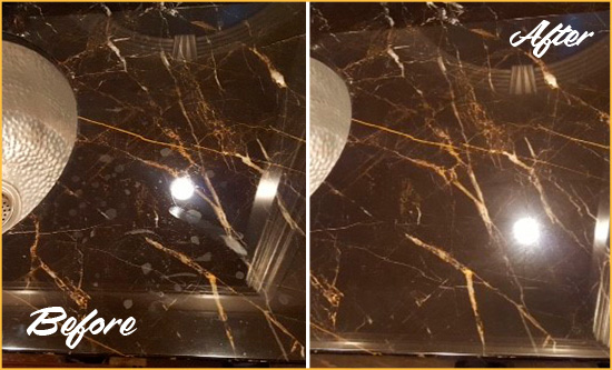 Before and After Picture of a San Leanna Marble Countertop Cleaned to Remove Water Spots