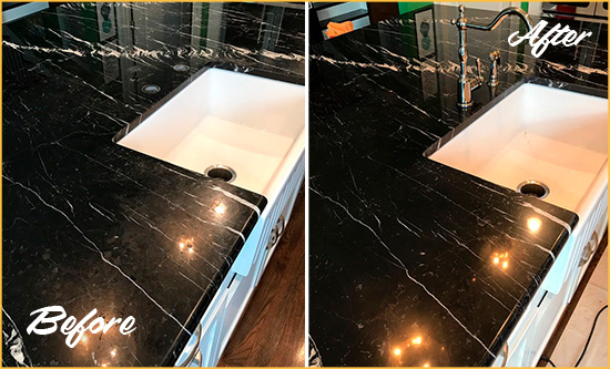 Before and After Picture of a The Hills Marble Kitchen Countertop Stone Sealed to Avoid Water Damage
