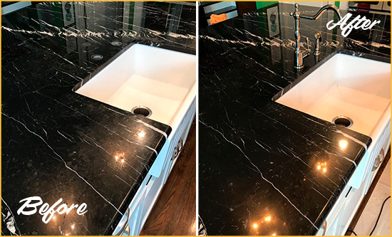 Before and After Picture of a Manor Marble Kitchen Countertop Stone Sealed to Avoid Water Damage