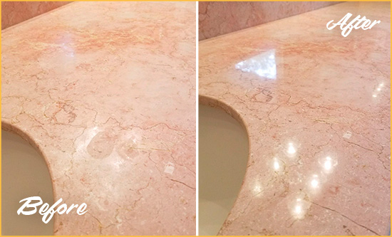 Before and After Picture of a Cedar Park Marble Stone Vanity Top Sealed to Avoid Water Marks