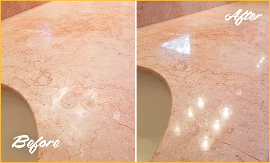 Before and After Picture of a Kyle Marble Stone Vanity Top Sealed to Avoid Water Marks