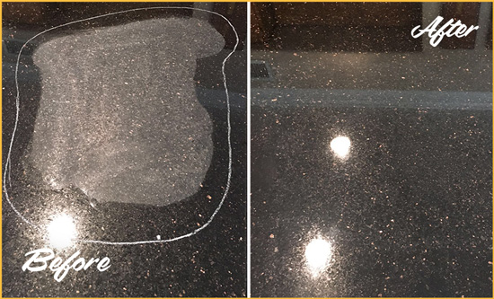 Before and After Picture of a Lago Vista Granite Kitchen Countertop Honed to Eliminate Scratch