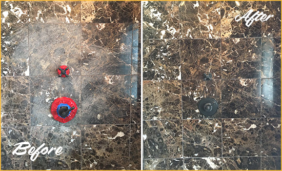 Before and After Picture of a Bee Cave Marble Shower Honed to Remove Scratches
