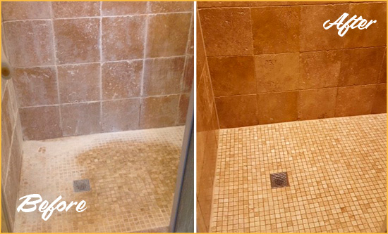 Before and After Picture of a Driftwood Travertine Shower Honed to Remove Mineral Deposits