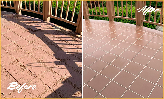 Before and After Picture of a Buda Hard Surface Restoration Service on a Tiled Deck