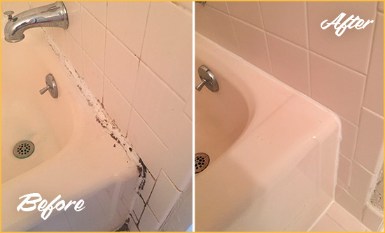 Before and After Picture of a Creedmoor Hard Surface Restoration Service on a Tile Shower to Repair Damaged Caulking