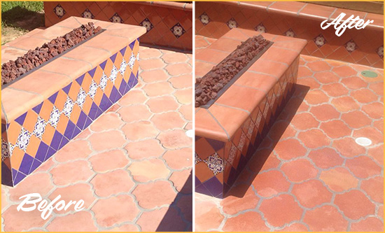 Before and After Picture of a Volente Hard Surface Restoration Service on a Dull Terracotta Patio Floor to Recover Its Color