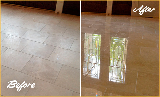 Before and After Picture of a Manor Hard Surface Restoration Service on a Dull Travertine Floor Polished to Recover Its Splendor