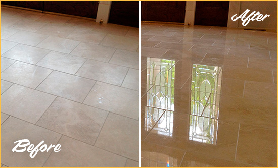 Before and After Picture of a Webberville Hard Surface Restoration Service on a Dull Travertine Floor Polished to Recover Its Splendor