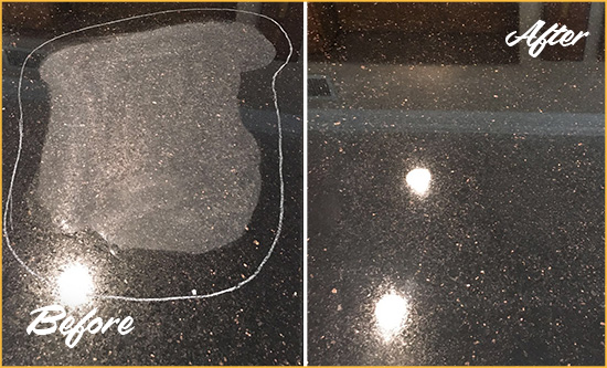 Before and After Picture of a Buda Hard Surface Restoration Service on a Granite Countertop to Remove Scratches