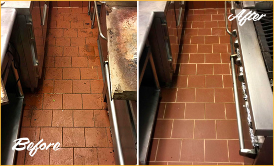 Before and After Picture of a Briarcliff Hard Surface Restoration Service on a Restaurant Kitchen Floor to Eliminate Soil and Grease Build-Up