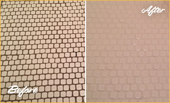 Before and After Picture of a Buda Hard Surface Restoration Service on a Bathroom Tile Floor Recolored to Fix Grout Color