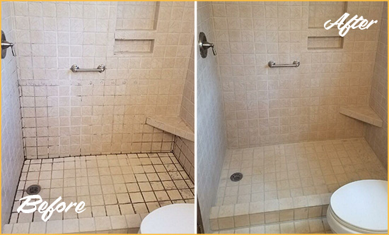 Before and After Picture of a Cedar Valley Shower Grout Cleaned to Remove Mold