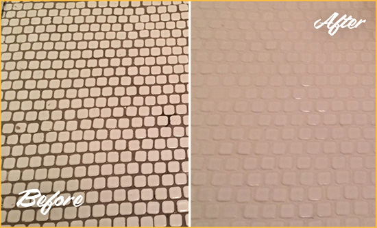Before and After Picture of a Creedmoor Mosaic Tile floor Grout Cleaned to Remove Dirt