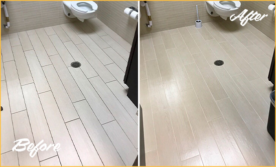 Before and After Picture of a San Leanna Office Restroom's Grout Cleaned to Remove Dirt
