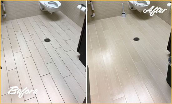 Before and After Picture of a Lago Vista Office Restroom's Grout Cleaned to Remove Dirt