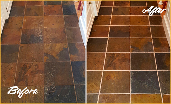 Before and After Picture of Creedmoor Slate Floor Grout Cleaned to Remove Dirt