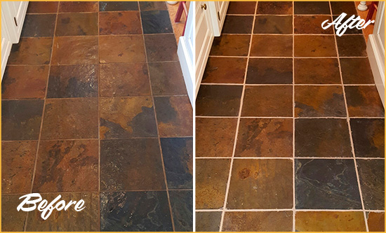 Before and After Picture of Austin Slate Floor Grout Cleaned to Remove Dirt