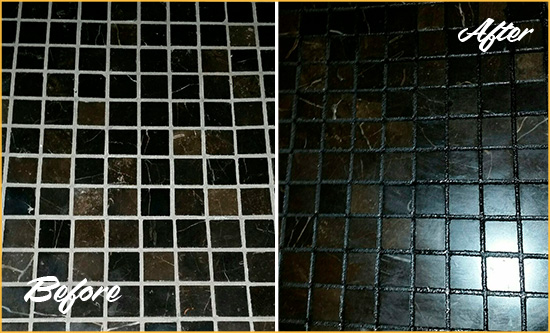 Before and After Picture of a The Hills Black Floor with Recolored Grout