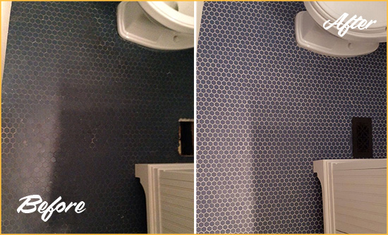 Before and After Picture of a Briarcliff Blue Tile Floor Recolored Grout