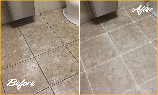 Before and After Picture of a Volente Office Restroom Floor Recolored Grout