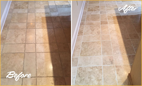 Before and After Picture of a Kyle Travertine Kitchen Floor Recolored Grout