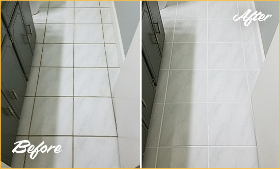 Before and After Picture of a Cedar Valley White Ceramic Tile with Recolored Grout