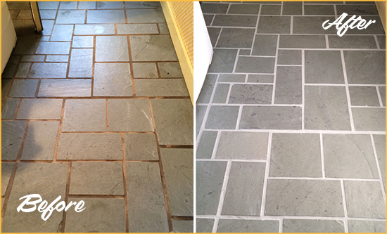 Before and After Picture of Damaged Cedar Park Slate Floor with Sealed Grout