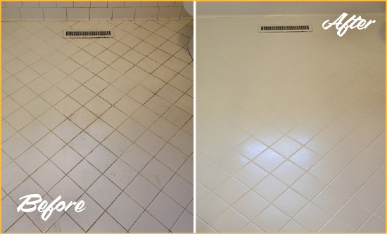 Before and After Picture of a Volente White Bathroom Floor Grout Sealed for Extra Protection