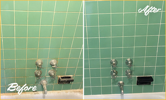 Before and After Picture of a Sunset Valley Bath Tub Grout Sealed to Avoid Water Damage