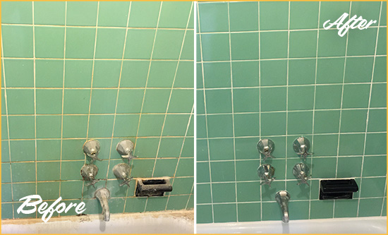 Before and After Picture of a Kyle Bath Tub Grout Sealed to Avoid Water Damage