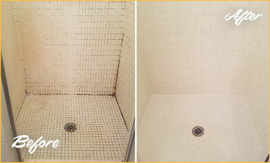 Before and After Picture of a San Leanna Bathroom Grout Sealed to Remove Mold