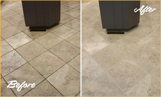 Before and After Picture of a Manor Kitchen Floor Grout Sealed to Remove Stains