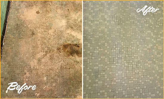Before and After Picture of a Jonestown Mosaic Shower Cleaned to Eliminate Embedded Dirt