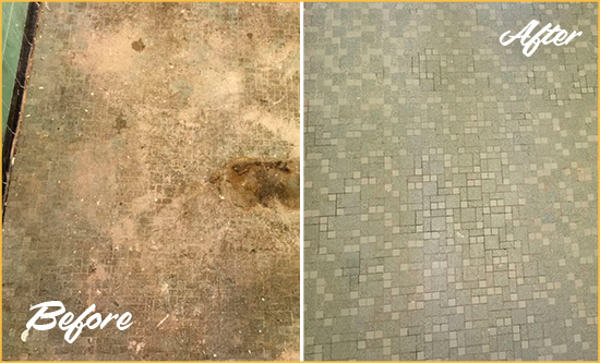 Before and After Picture of a Rollingwood Mosaic Shower Cleaned to Eliminate Embedded Dirt