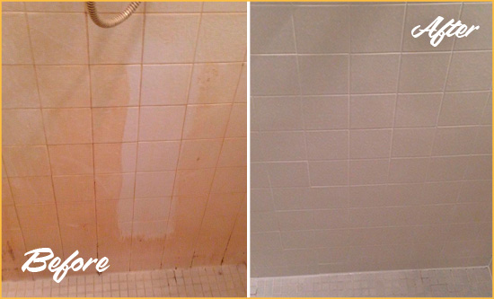 Before and After Picture of a Buda Porcelaine Shower Cleaned to Remove Soap Scum