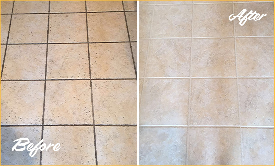 Before and After Picture of a Buda Ceramic Floor Cleaned to Remove Soil