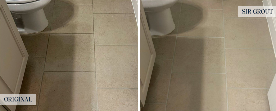 Bathroom Floor Before and After a Grout Cleaning in The Hills, TX