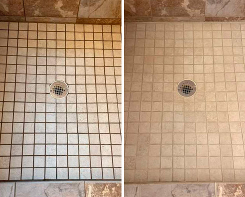 Shower Before and After a Grout Recoloring in Austin, TX
