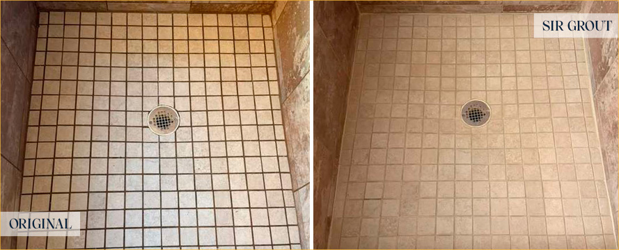 Shower Before and After a Flawless Grout Recoloring in Austin, TX