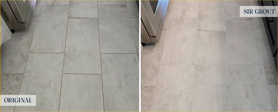Kitchen Floor Before and After a Grout Cleaning in The Hills, TX