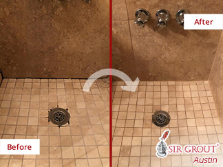 Before and After Picture of a Shower Floor Grout Cleaning Service in Austin, Texas