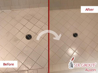 Picture of a Tile Shower Floor Before and After a Grout Sealing Service in Austin, TX